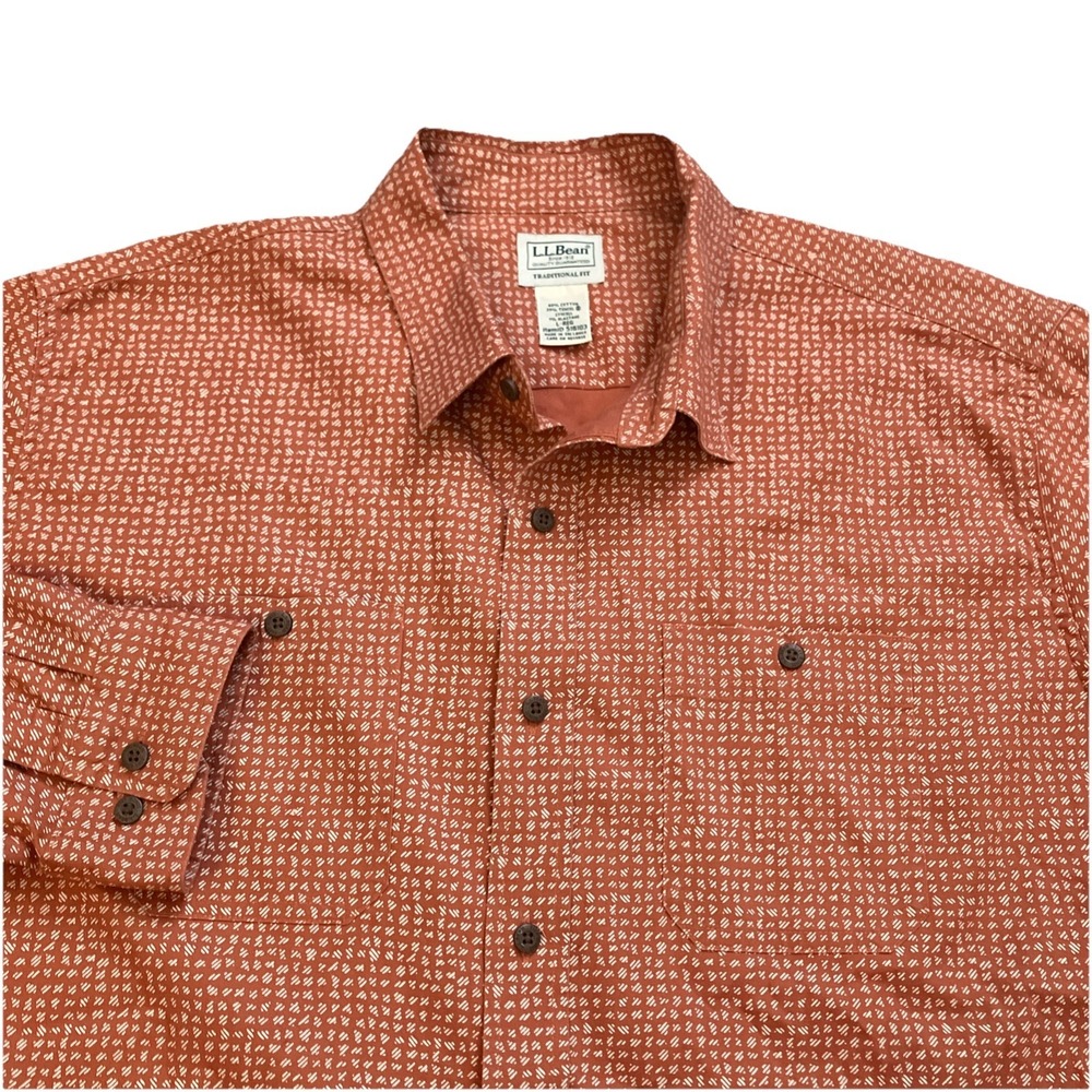 LL Bean Shirt Mens Large Orange Traditional Lakewashed Camp Long Sleeve 516103